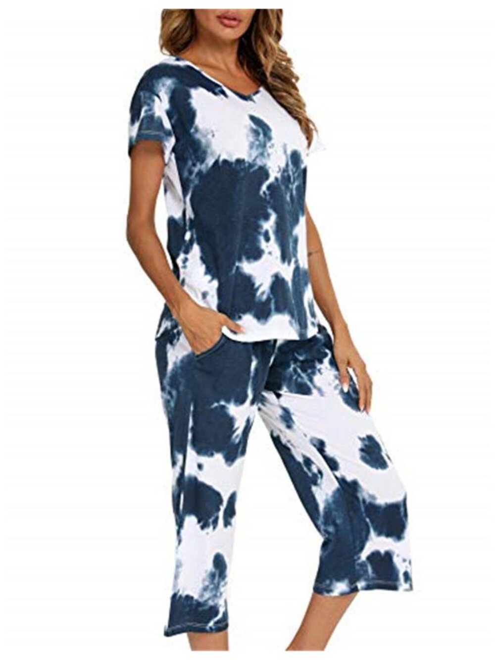 Women Tie Dye Pajama Set Short Sleeve Top with Capri Pants Pjs